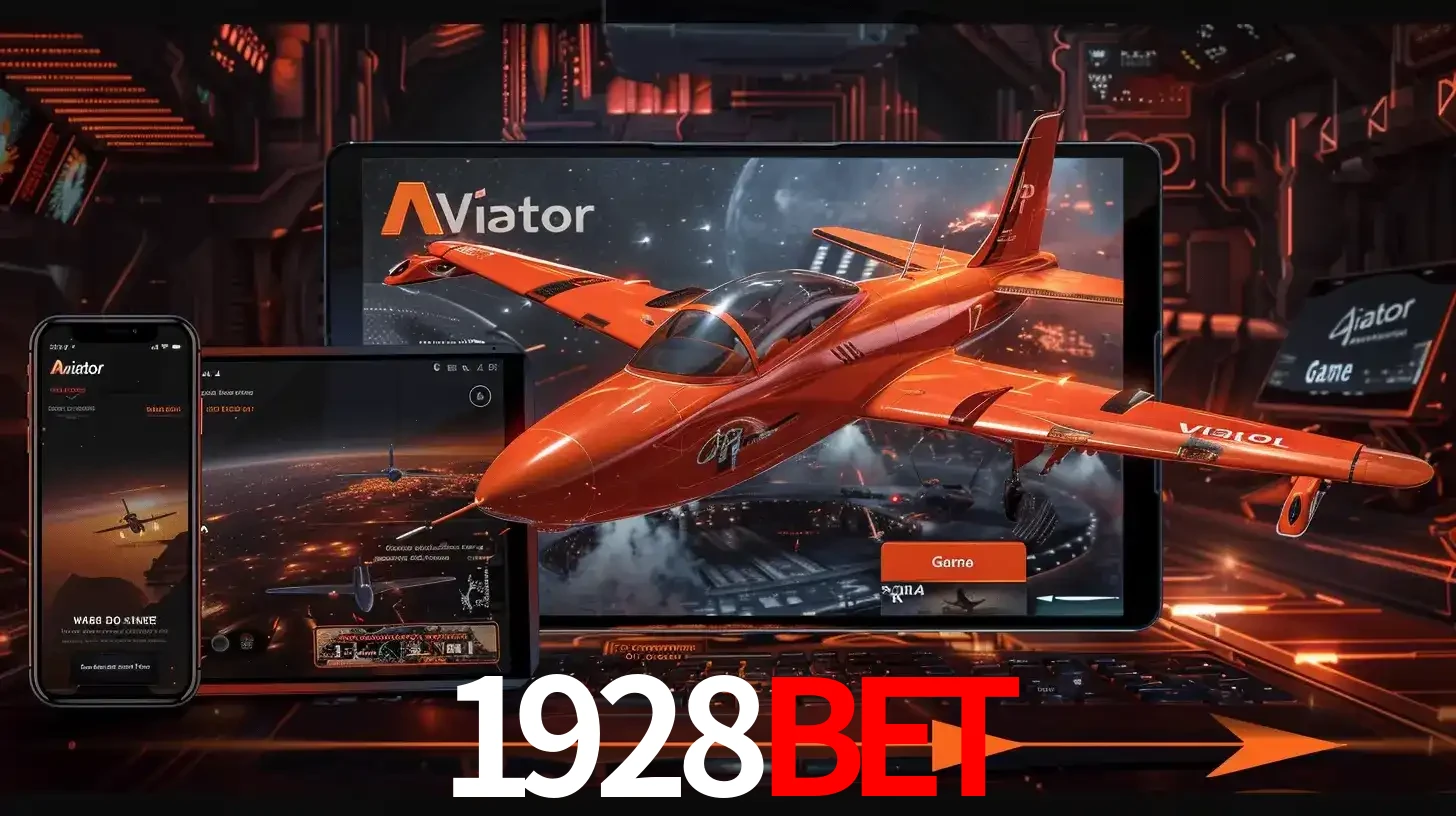 Apresentação tecnológica do jogo Aviator com um avião saindo da tela de um tablet, demonstrando a experiência imersiva em múltiplos dispositivos no 1928BET.