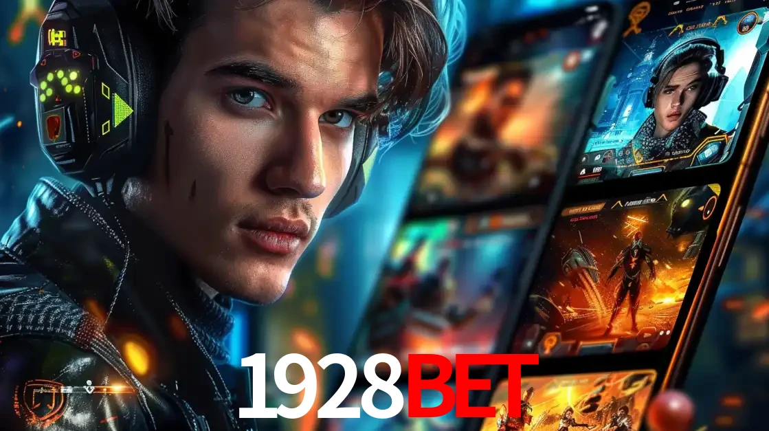 Jovem jogador com fones de ouvido olhando para a câmera, com um aplicativo de jogos e e-sports para celular ao fundo, pronto para a competição e apostas no 1928BET.