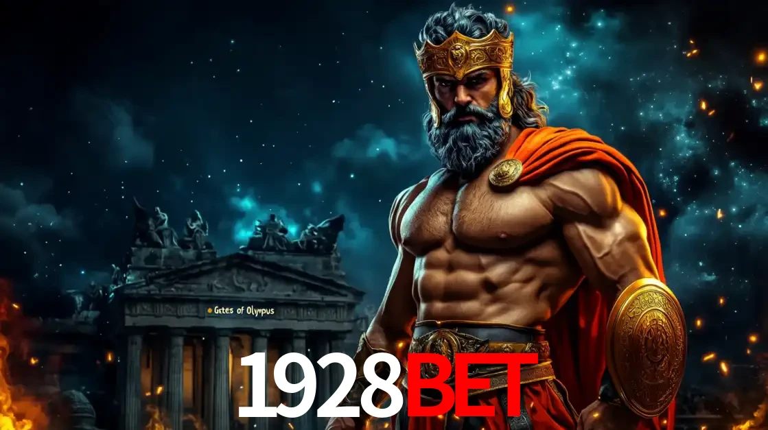 O poderoso Zeus do jogo de slot Gates of Olympus em frente ao seu templo, pronto para lançar multiplicadores divinos e prêmios épicos no cassino online 1928BET.