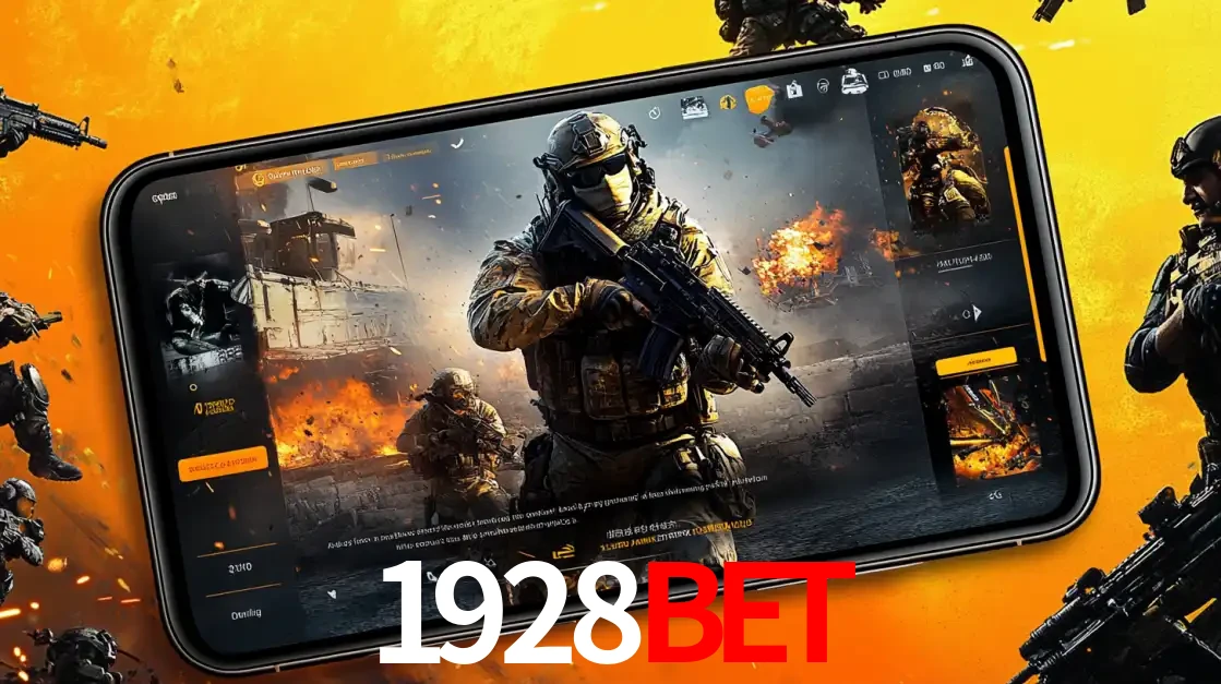 Um smartphone exibindo a interface de um jogo de tiro em primeira pessoa, com um soldado em um cenário de batalha, representando a ação dos e-sports para apostar no 1928BET.