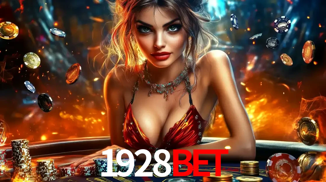 Mulher em uma mesa de cassino com pilhas de fichas e um fundo de fogo, pronta para uma rodada de altas apostas nos jogos de mesa emocionantes do cassino 1928BET.